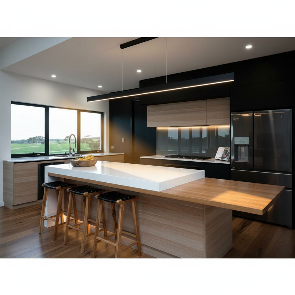 Cucina in legno laccato con isola con piano in gres lucido, lavello centrale, frigo e forno
