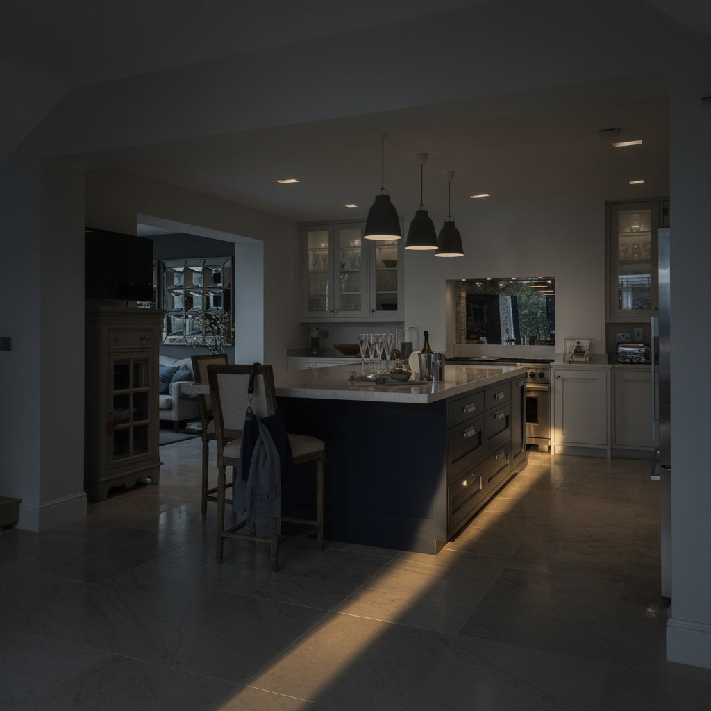 Cucina stile classico grigio perla con isola blu, piano in gres lucido, lavello e piano cottura