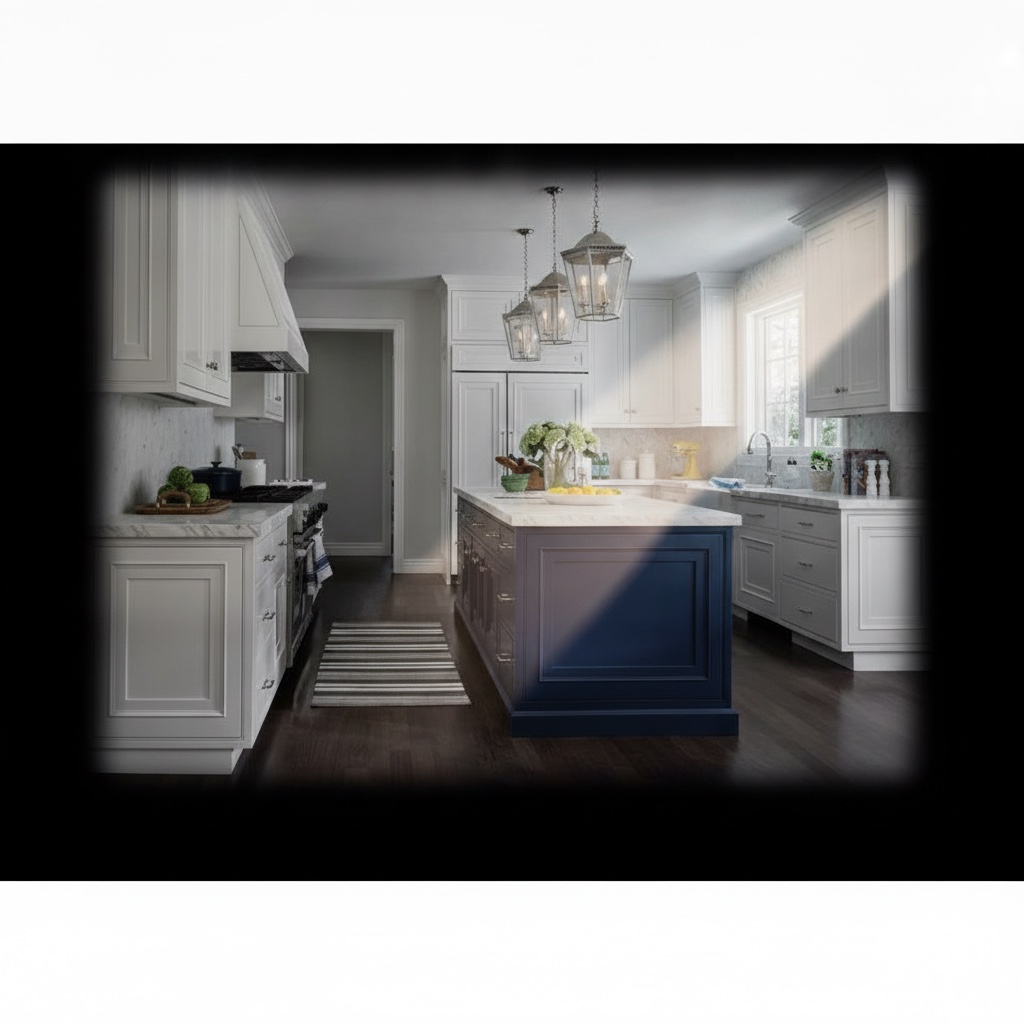 Cucina classica bianca con isola blu con piano in gres lucido, lavello e piano cottura