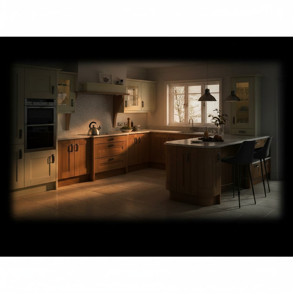 Cucina in legno massello lucido con piano in travertino, angolo tondo, sportelli e cassetti