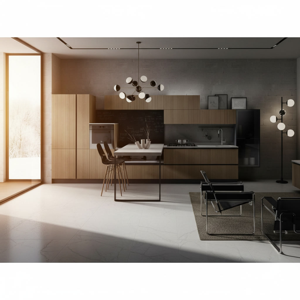Cucina elegante in legno con spalletta lavagna, piano in gres porcellanato bianco e tavolo