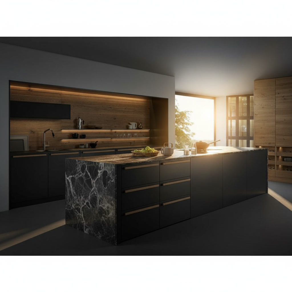 Cucina moderna in legno laccato lucido nero con piano in laminam e profili color rame