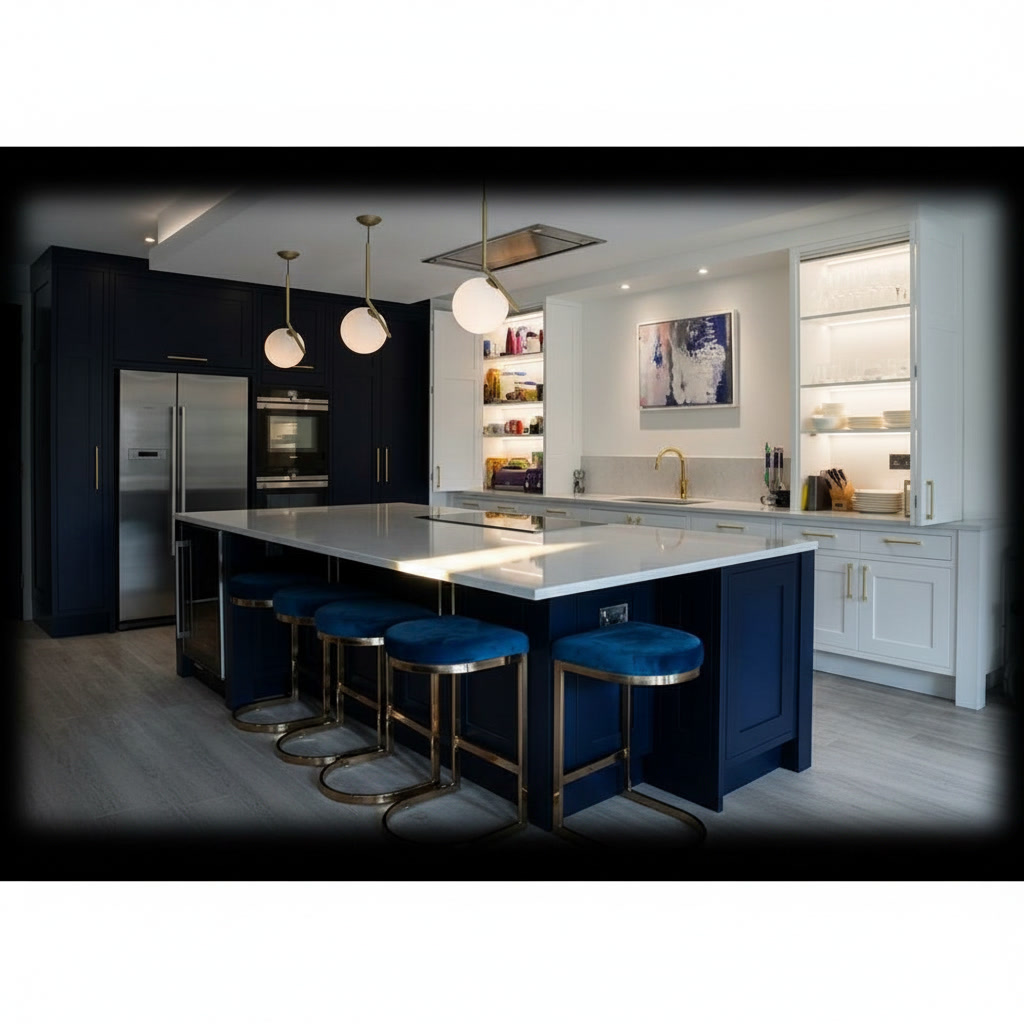 Cucina in legno laccato blu e bianco con isola con piano a induzione e sgabelli in velluto blu