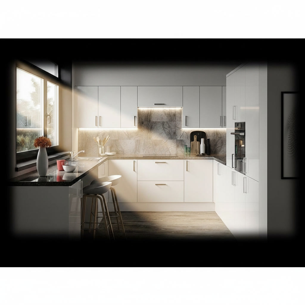 Cucina in legno laccato bianco con piano in quarzite, top in marmo venato e induzione