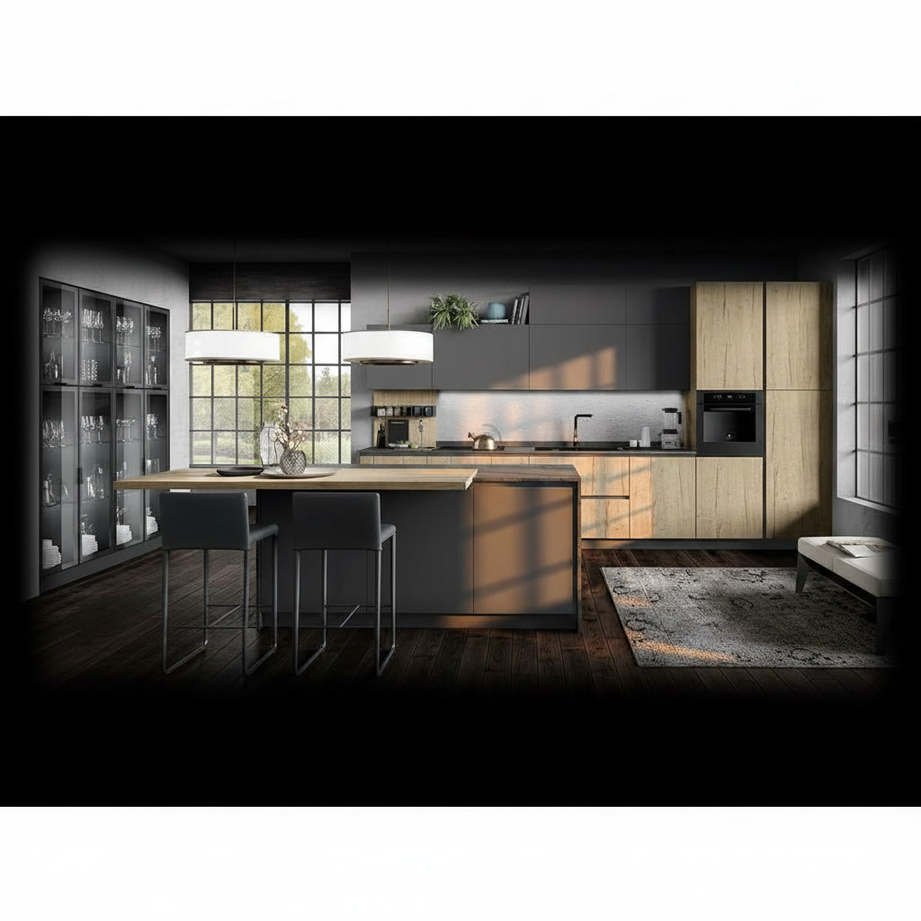 Cucina in legno massello con piano in travertino venato e colonne a vetrina, stile moderno