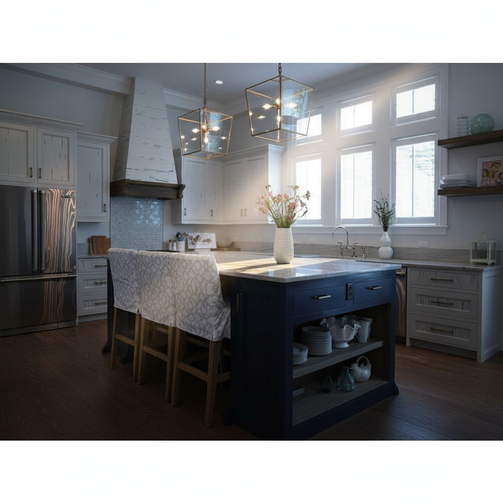 Cucina classica bianca con isola blu centrale con ripiani a giorno e lampade a lanterna