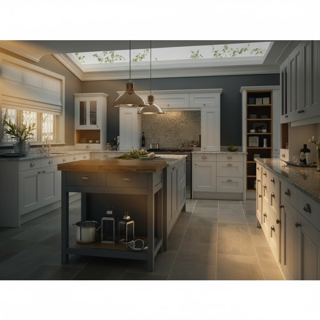 Cucina classica bianca con piano in quarzite e tavolo da lavoro centrale grigio con ceppo