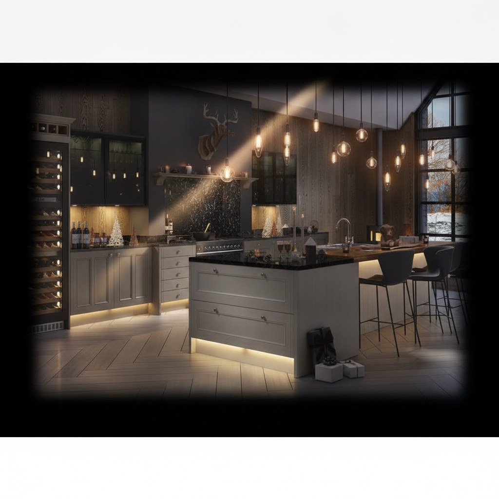 Cucina in legno laccato con isola con piano in marmo venato, cantinetta vini e luci d'ambra