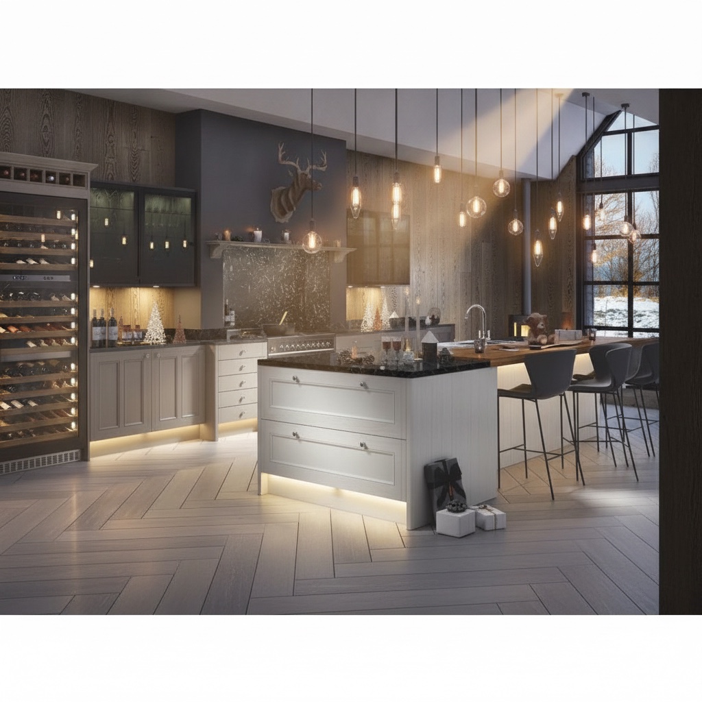 Cucina in legno laccato chiaro con isola con piano in marmo venato e cantinetta vini
