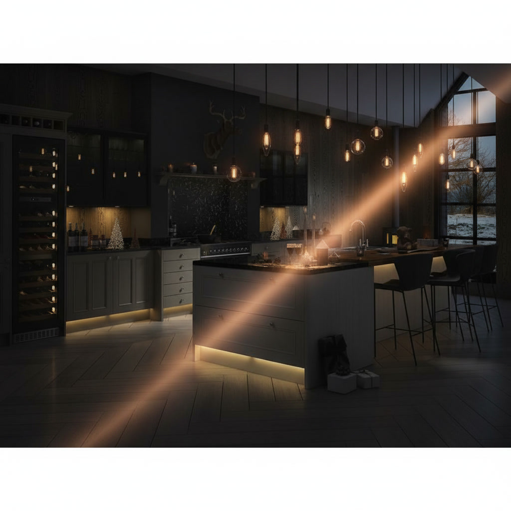 Cucina in legno laccato con tavolo ad isola, piano in marmo venato e luci sospese calde