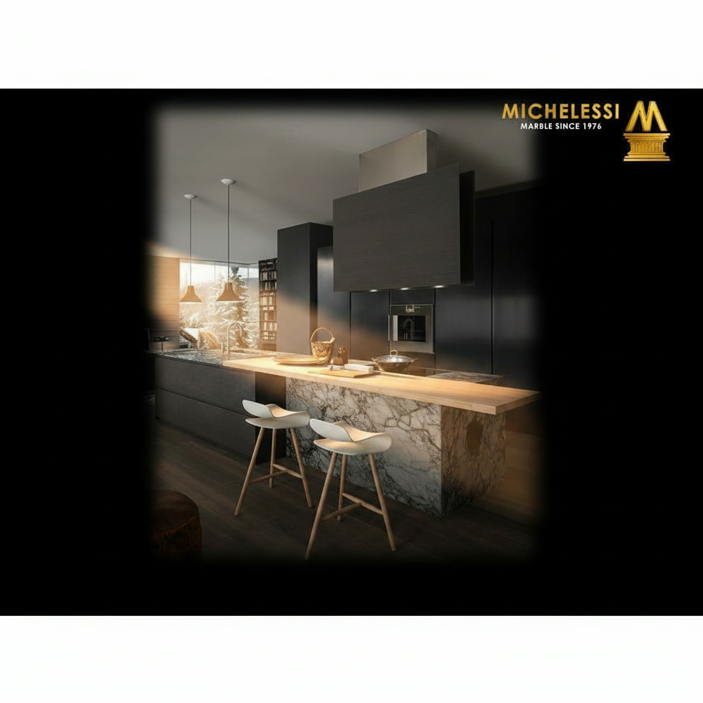Cucina in legno laccato grafite con tavolo ad isola in legno, piano in marmo venato scuro