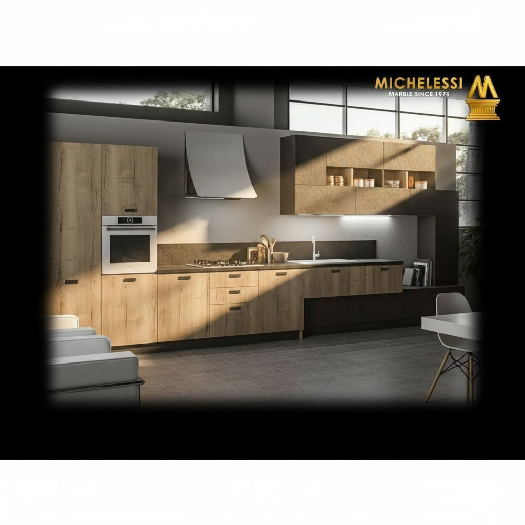 Cucina moderna in legno massello rovere con forno bianco, piano cottura, cappa e lavello