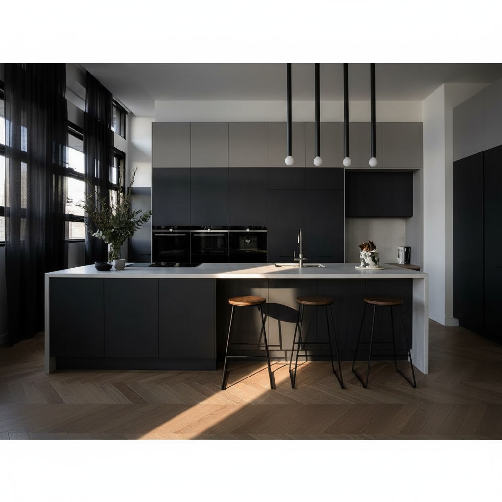 Cucina elegante in legno laccato grafite con piano bar, induzione, forno, lavello e frigo