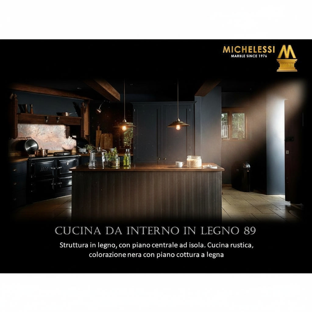 Cucina rustica nera con isola con piano centrale in legno e piano cottura a legna