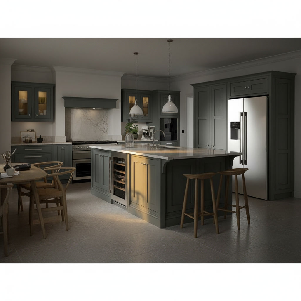 Cucina in legno laccato verde salvia con piano e spalletta in travertino venato e cantinetta