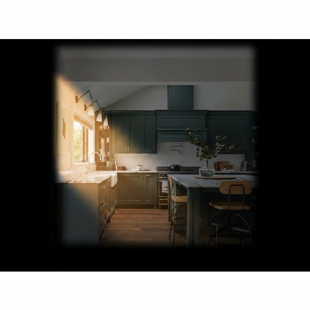 Cucina in legno laccato verde con tavolo ad isola con piano in marmo venato bianco