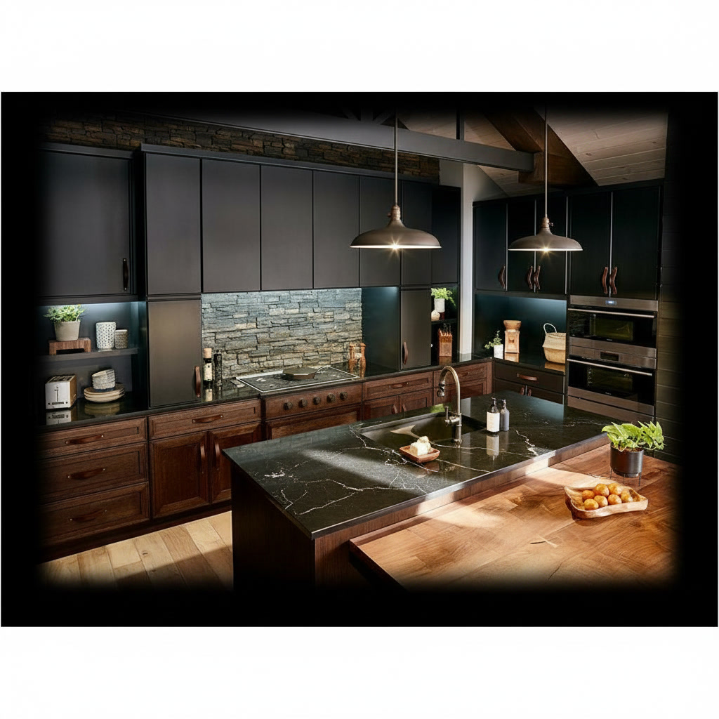 Cucina in legno massello noce con piano in marmo lucido venato e fascia in pietra naturale
