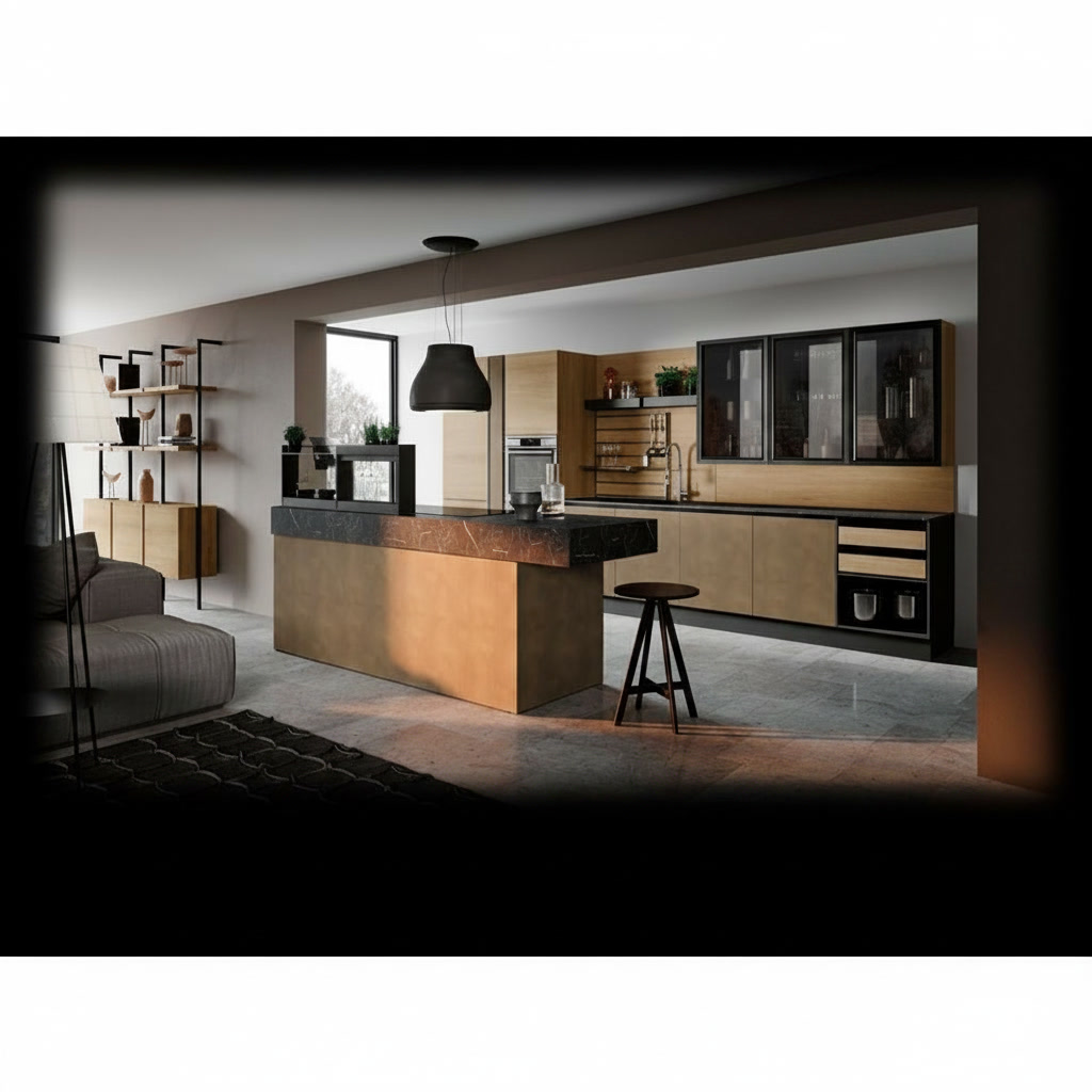 Cucina in legno laccato rovere con tavolo ad isola e piano in marmo venato scuro
