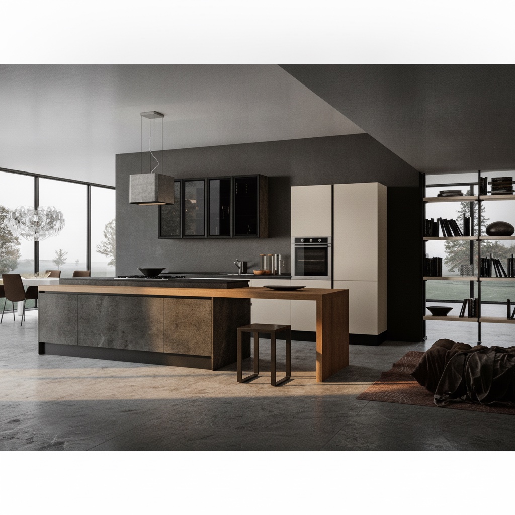 Cucina in legno laccato con tavolo ad isola, piano cottura e credenza con sportelli in vetro