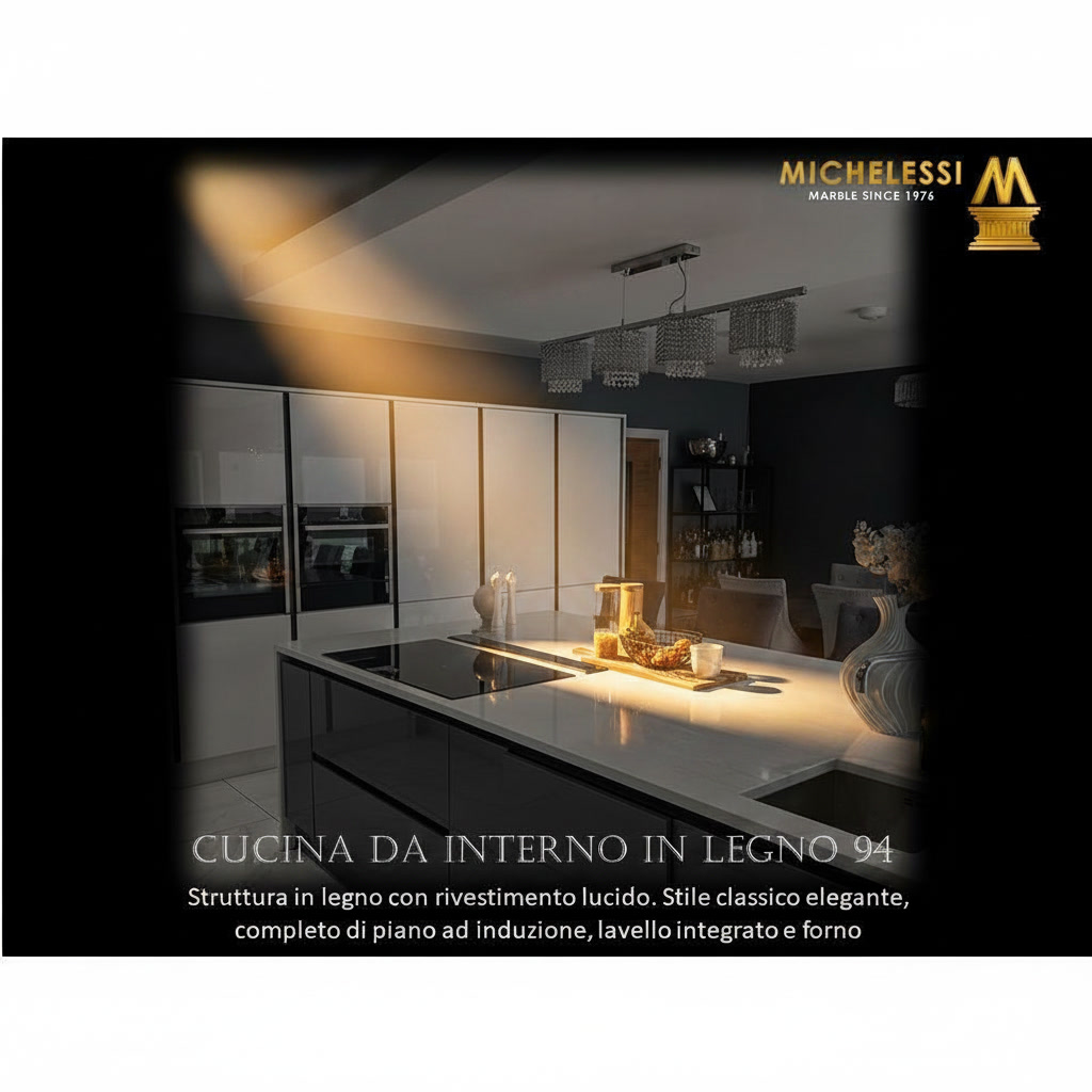 Cucina in legno con rivestimento lucido, piano a induzione, lavello integrato e forno