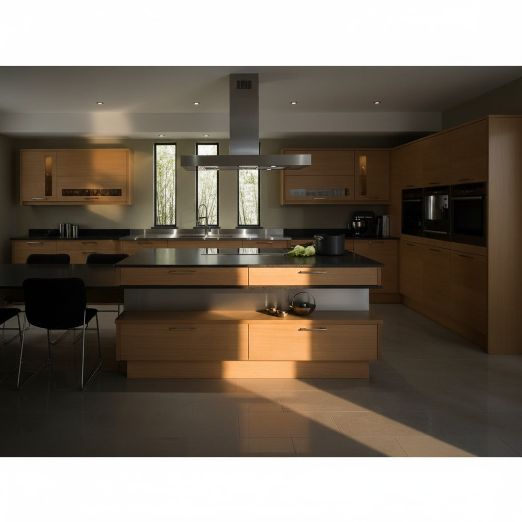 Cucina in legno rovere chiaro con isola centrale con piano cottura e tavolo con sedie nere