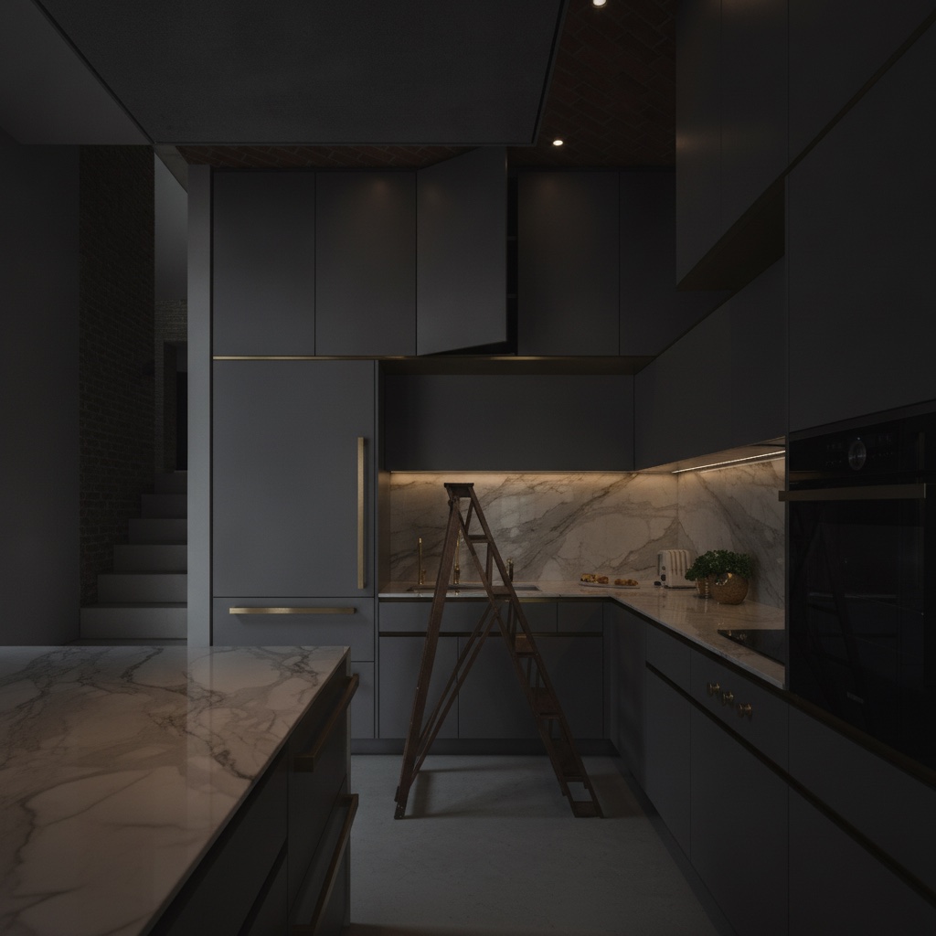Cucina in legno laccato grigio chiaro con piano e top in marmo venato e scala vintage