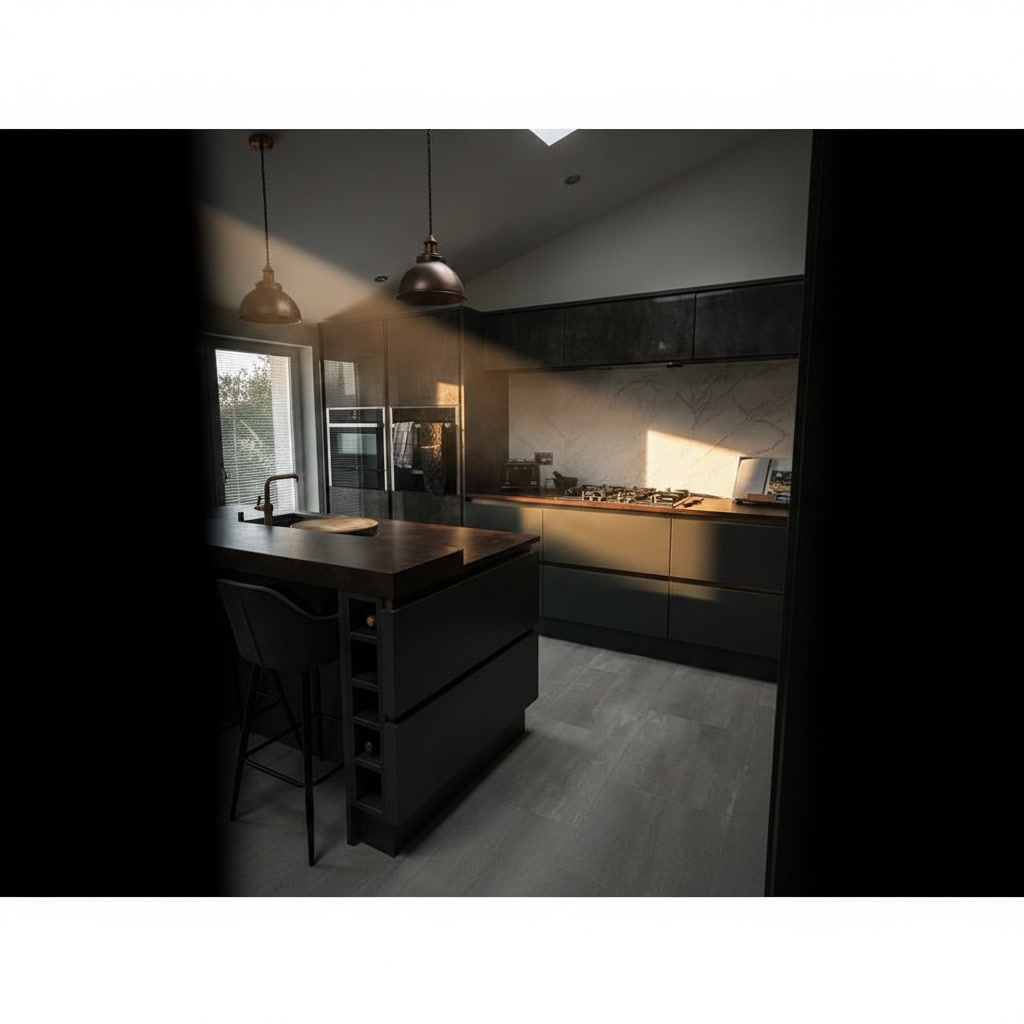 Cucina in legno laccato antracite rivestita in gres porcellanato con fuochi, forno e lavello