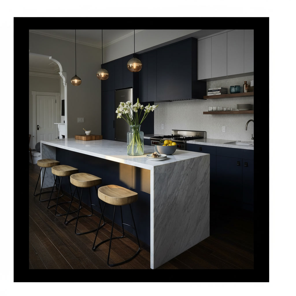 Cucina in legno laccato blu con piano in travertino venato bianco, fornelli e frigo