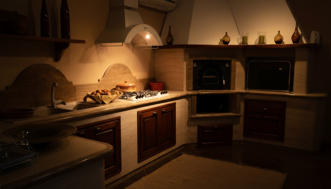 Cucina in muratura con piani in travertino, alzate sagomate e sportelli in noce, vista d'insieme