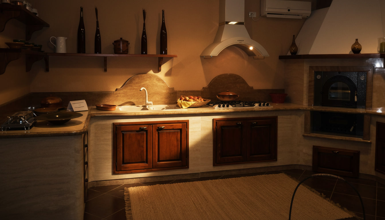 Cucina in muratura con mensola in legno, piano cottura a gas e forno nell'angolo in pietra