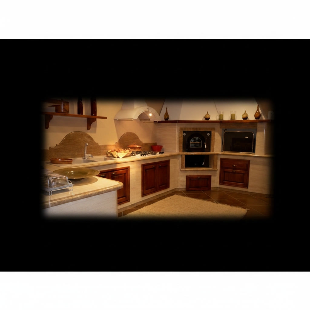 Cucina in muratura Ivana con forno ecologico e barbecue in travertino romano e legno noce chiaro