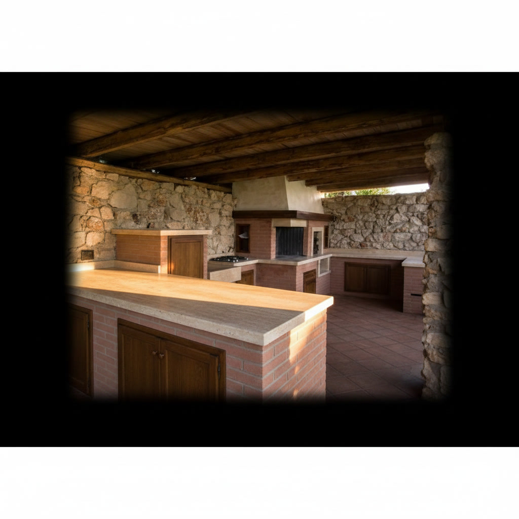 Cucina rustica in mattoncino sabbiato con piano in travertino, barbecue e sportelli in castagno