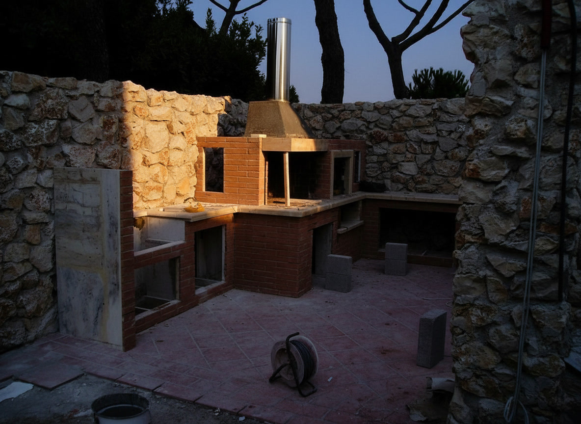 Cucina in mattoncino in costruzione tra muri in pietra, con la cappa e il piano in travertino appena posati, cantiere estivo all'aperto