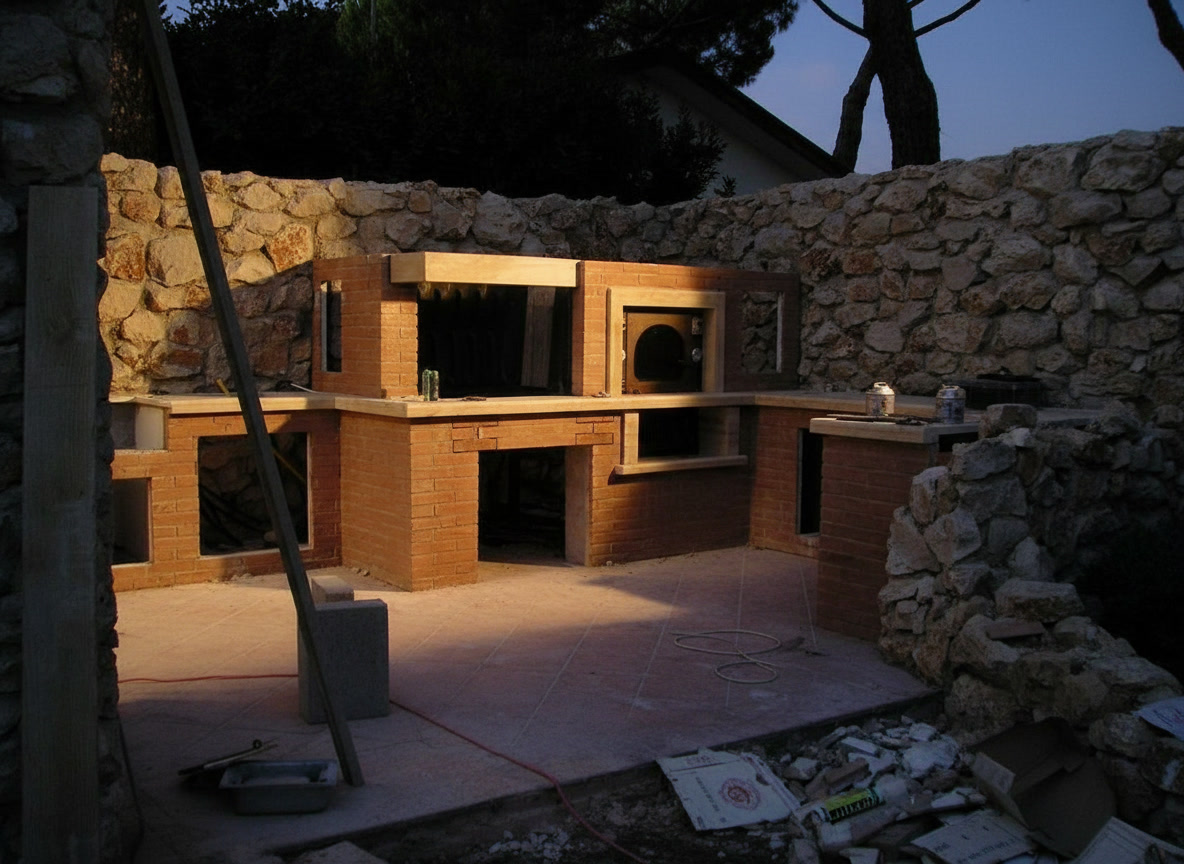Struttura in mattoncino della cucina rustica in costruzione tra muri in pietra a secco