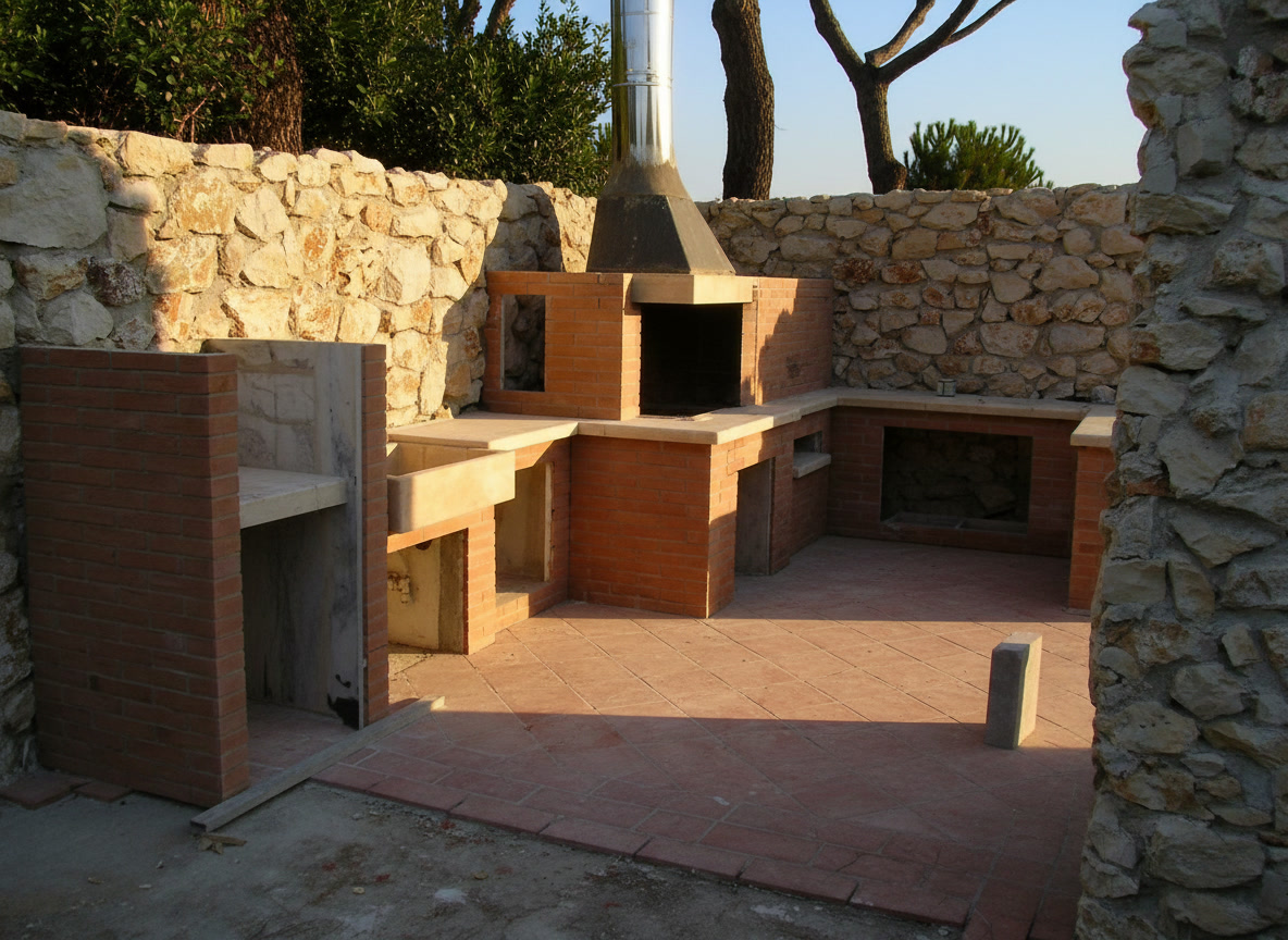 Cucina in muratura rifinita con la canna fumaria installata e i piani in travertino, cantiere all'aperto al tramonto