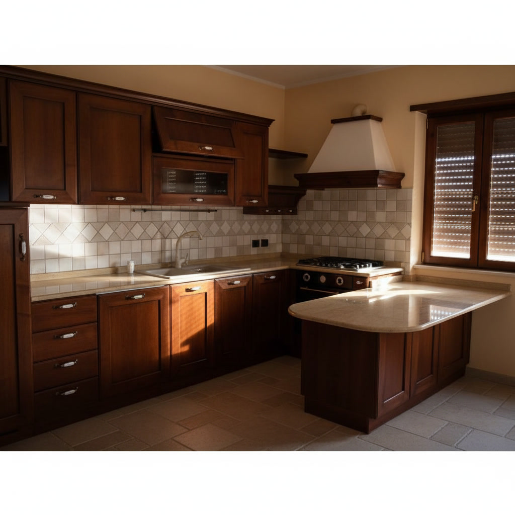 Cucina personalizzata in legno noce con top in marmo chiaro e parete in maiolica decorata