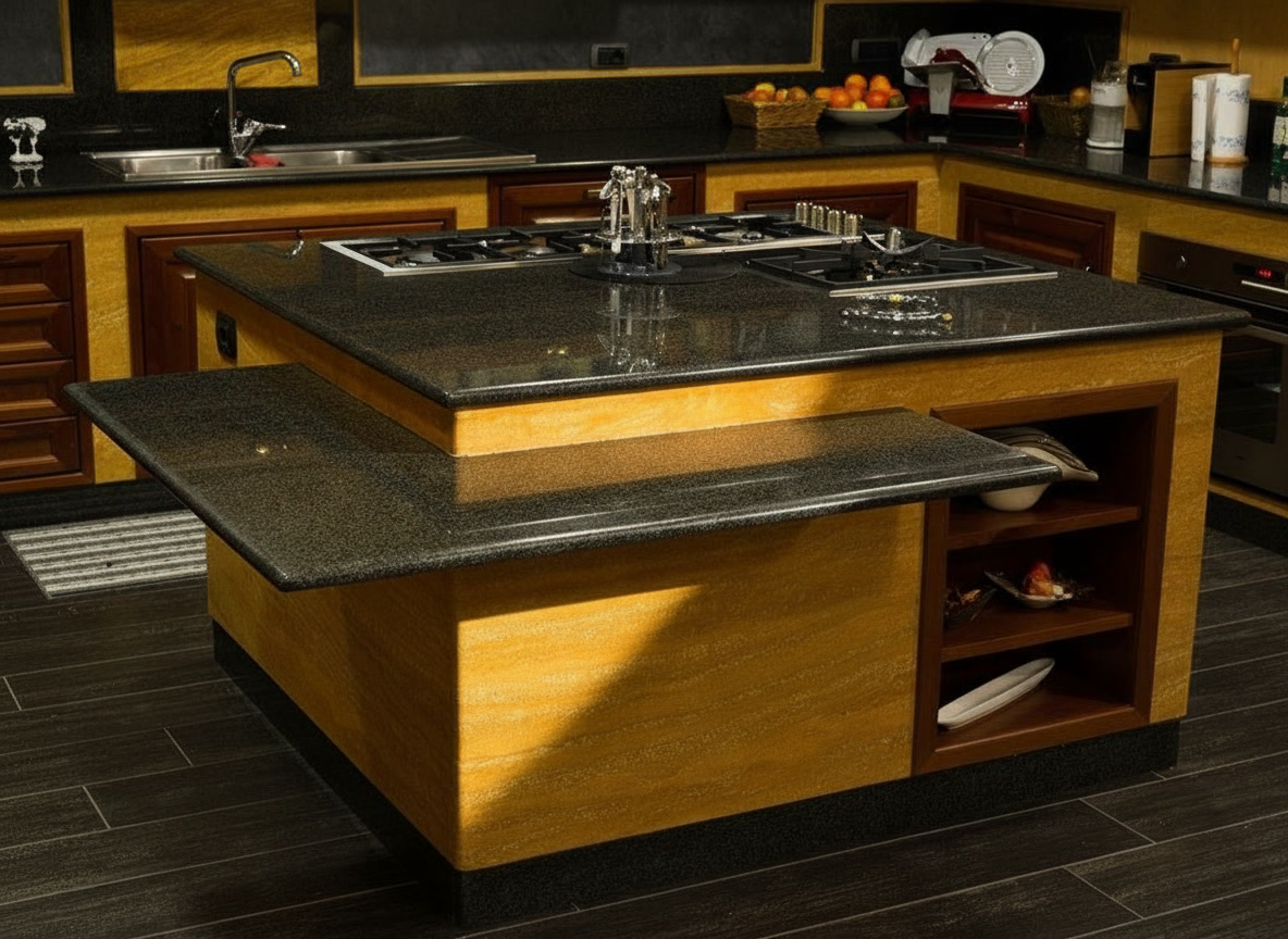Isola cucina personalizzata con piani in granito nero africa e struttura calda con vani a giorno