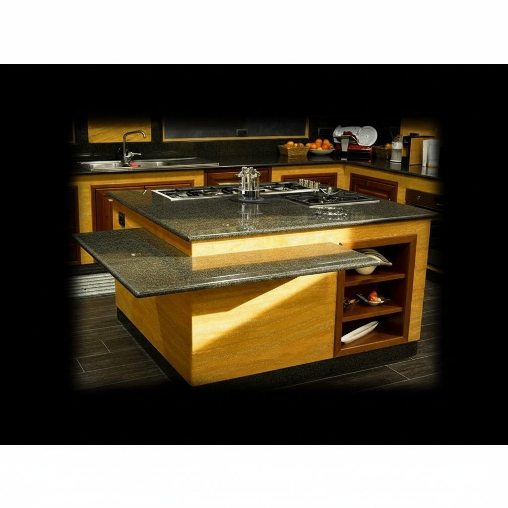 Cucina Stefania con isola in granito nero africa, piano cottura in ghisa e forno elettrico