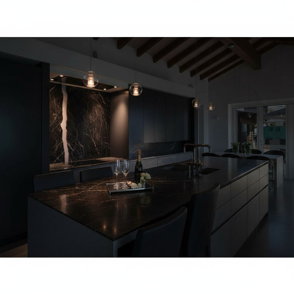 Cucina elegante con isola in marmo nero marquinia e mobili in legno wengé, luci soffuse