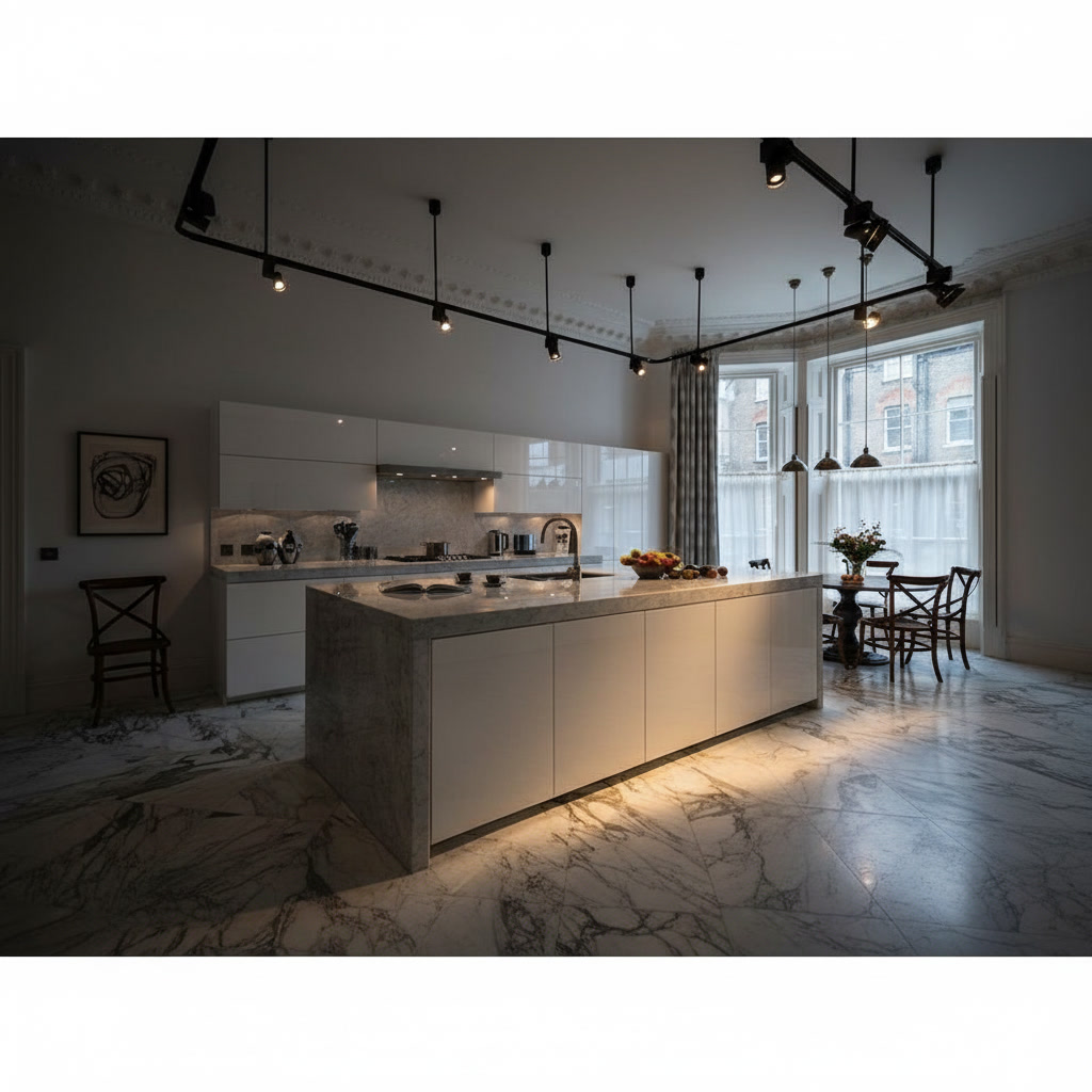 Cucina con pavimento in marmo venato grigio, isola con top e laterali in marmo abbinato