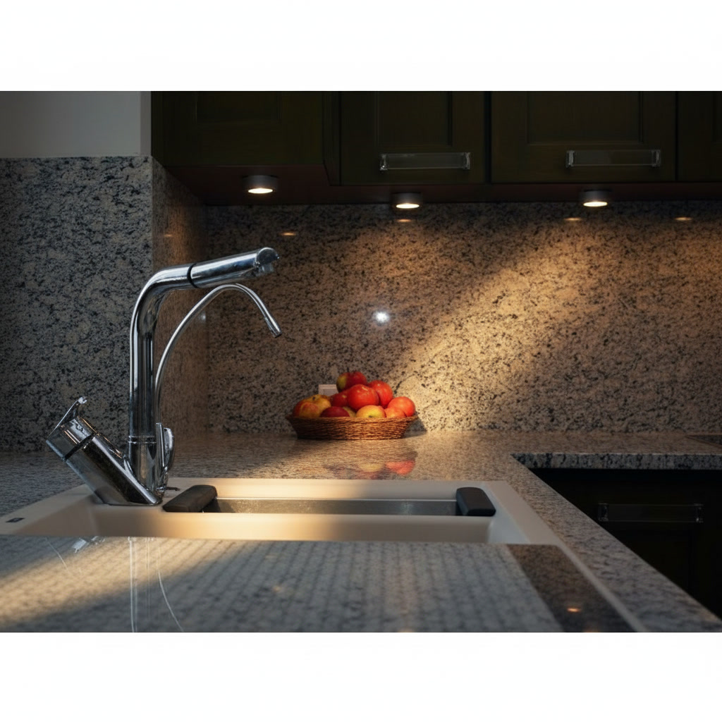 Top cucina in granito con alzatina integrata, lavello incluso ed erogatore acqua