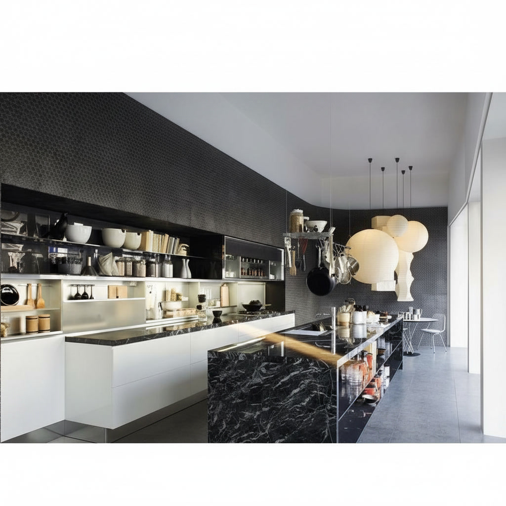 Cucina integrata in parete piastrellata in maiolica nera con isola in marmo nero marquinia