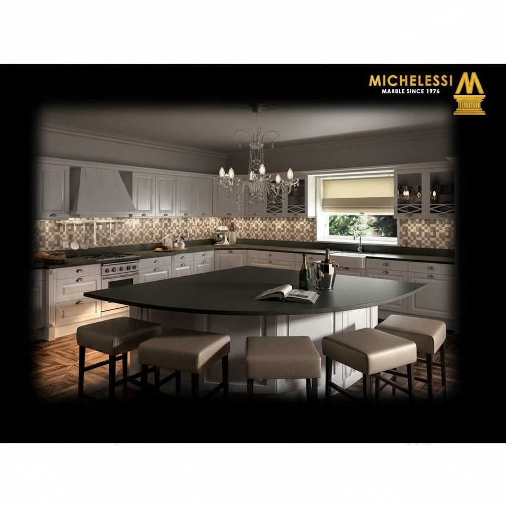 Cucina classica ad angolo con ampia isola a spicchio in materiale composito e sedute