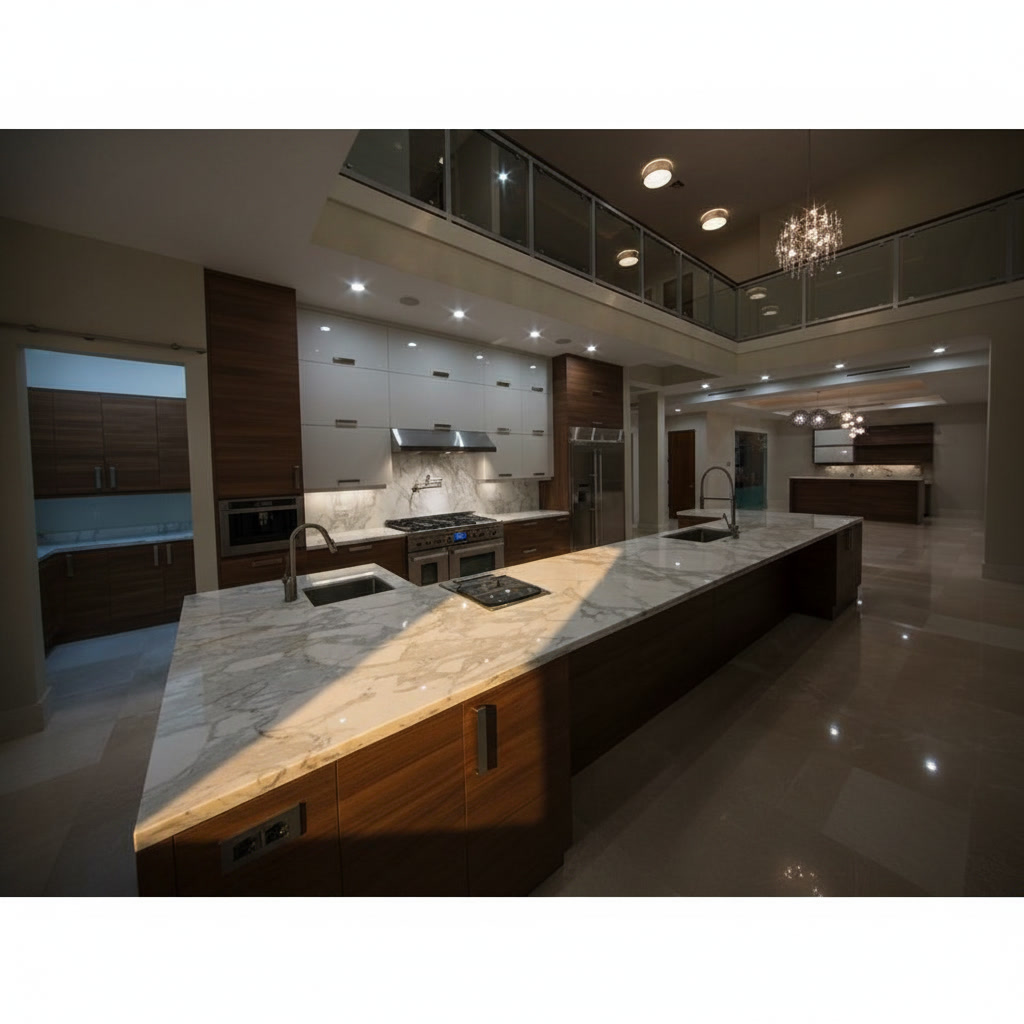 Cucina esposta in fiera con pensili in wengé minimal, top in marmo di Carrara e acciaio