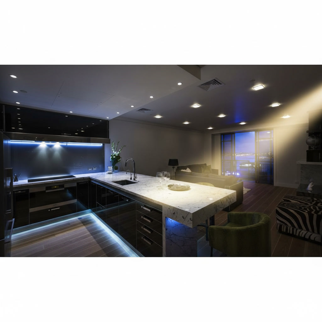 Cucina futuristica con top in marmo di Carrara, mobili in vetro fumé e illuminazione a led