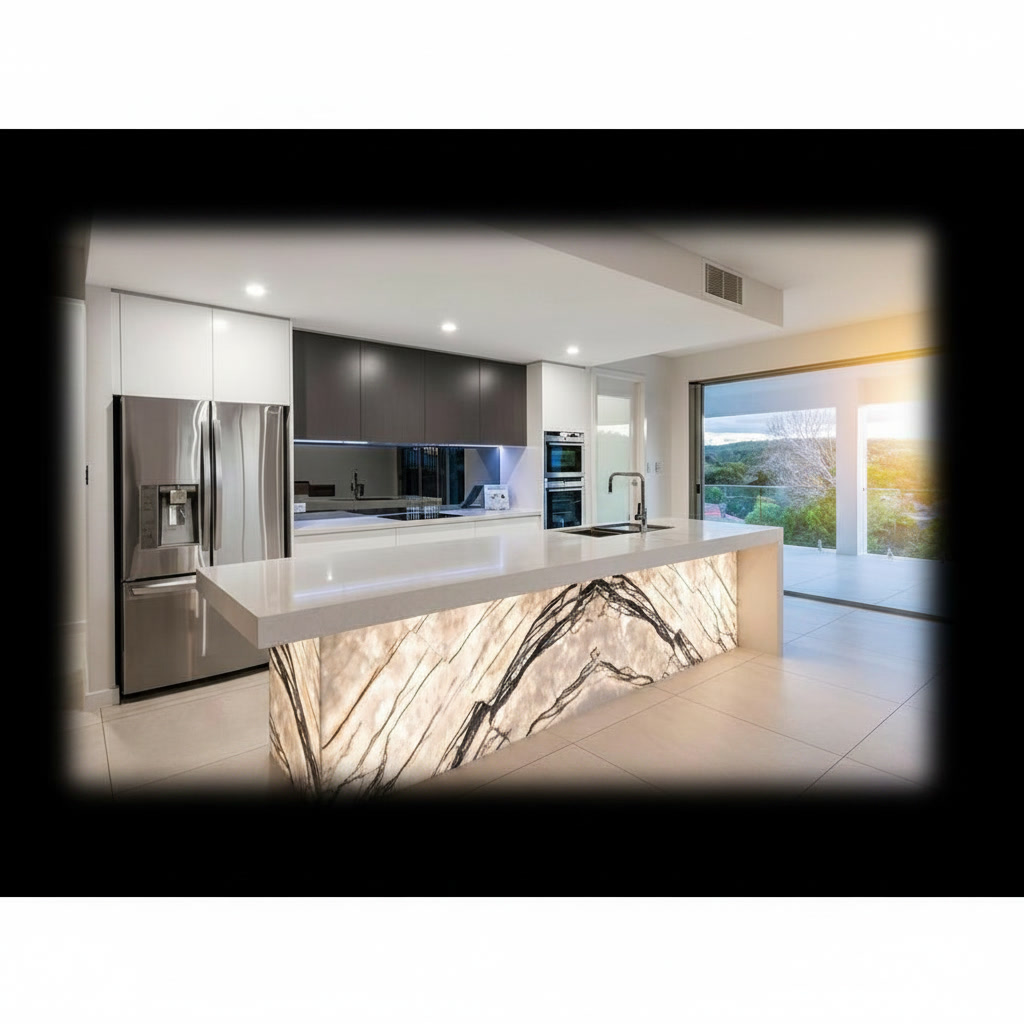 Cucina ultramoderna con top in quarzo bianco e isola con base in onice retroilluminata