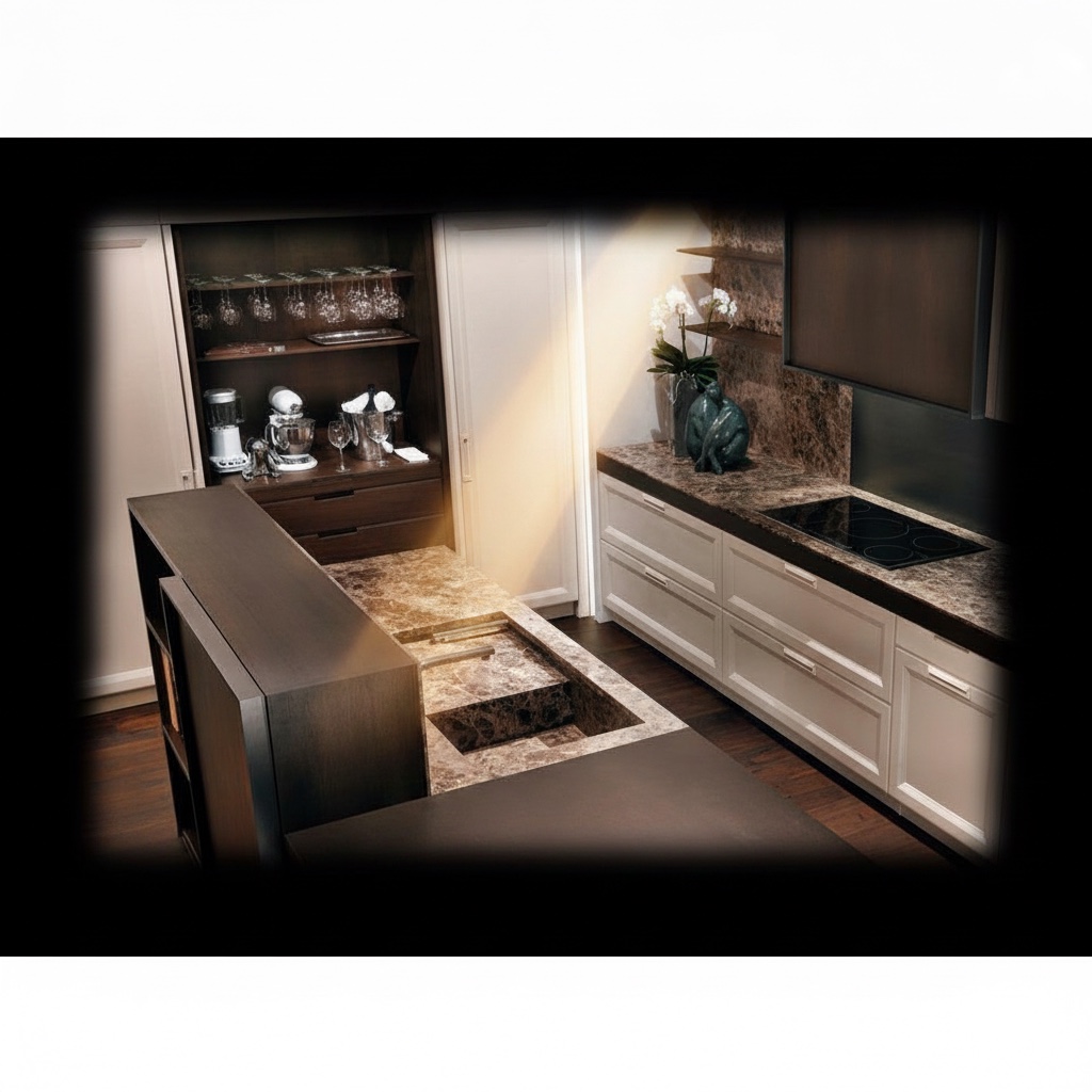 Top su misura in marmo Brown Night con piano a induzione e lavello con getta rifiuti