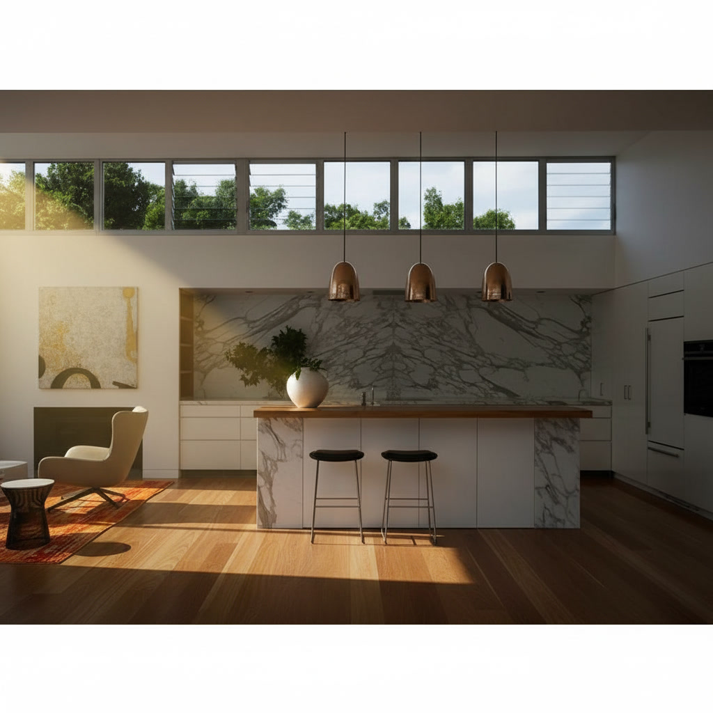 Cucina minimal con parete incassata in marmo di Carrara e isola con top in legno