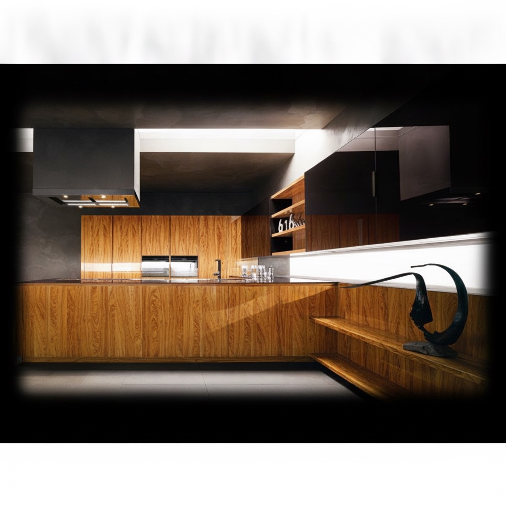 Cucina in legno naturale senza maniglie con piano in quarzo nero e pensili laccati neri