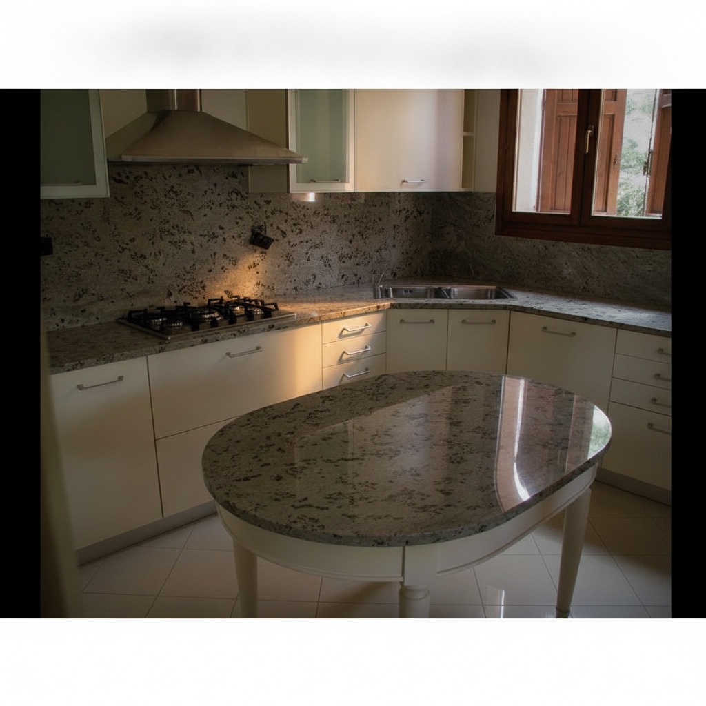 Top cucina e alzata in granito grey con isola ovale su mobile in legno, stile classico